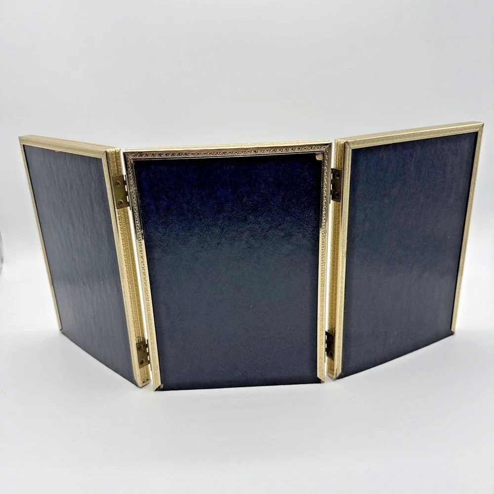 NEW VTG INTERCRAFT 5x7 Tri-Fold Metal Picture Frame Hinged Gold Brass Tone MCM